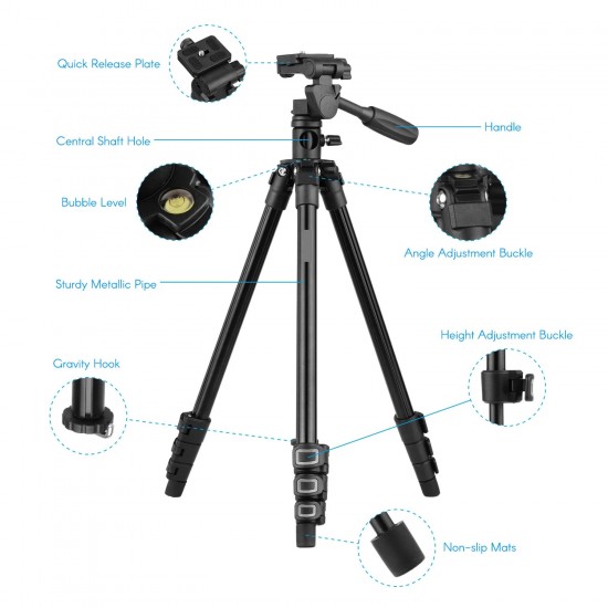 HT-T02 Profesyonel Tripod 154 Cm Yatay Kullanım Çok Fonksiyonlu Panoramik Kafa 360 Derece Dönebilir