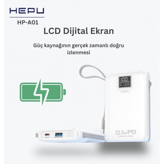 Hepu HP-A01 10.000 Mah 22.5W Dijital Göstergeli Dahili Çoklu Kablolu Powerbank Hızlı Şarj Destekli Pd Şarj Usb Type C Lightning Power bank