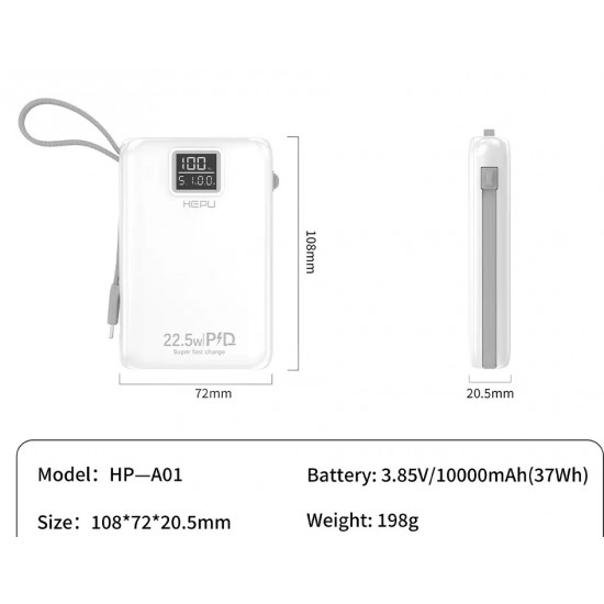 Hepu HP-A01 10.000 Mah 22.5W Dijital Göstergeli Dahili Çoklu Kablolu Powerbank Hızlı Şarj Destekli Pd Şarj Usb Type C Lightning Power bank